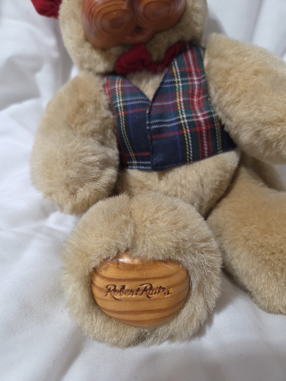 Plush Tan Dog with Red Hat and Tartan Vest - Picture 4 of 7